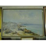 Oil on canvas, continental fishing boats, indistinctly signed, framed.