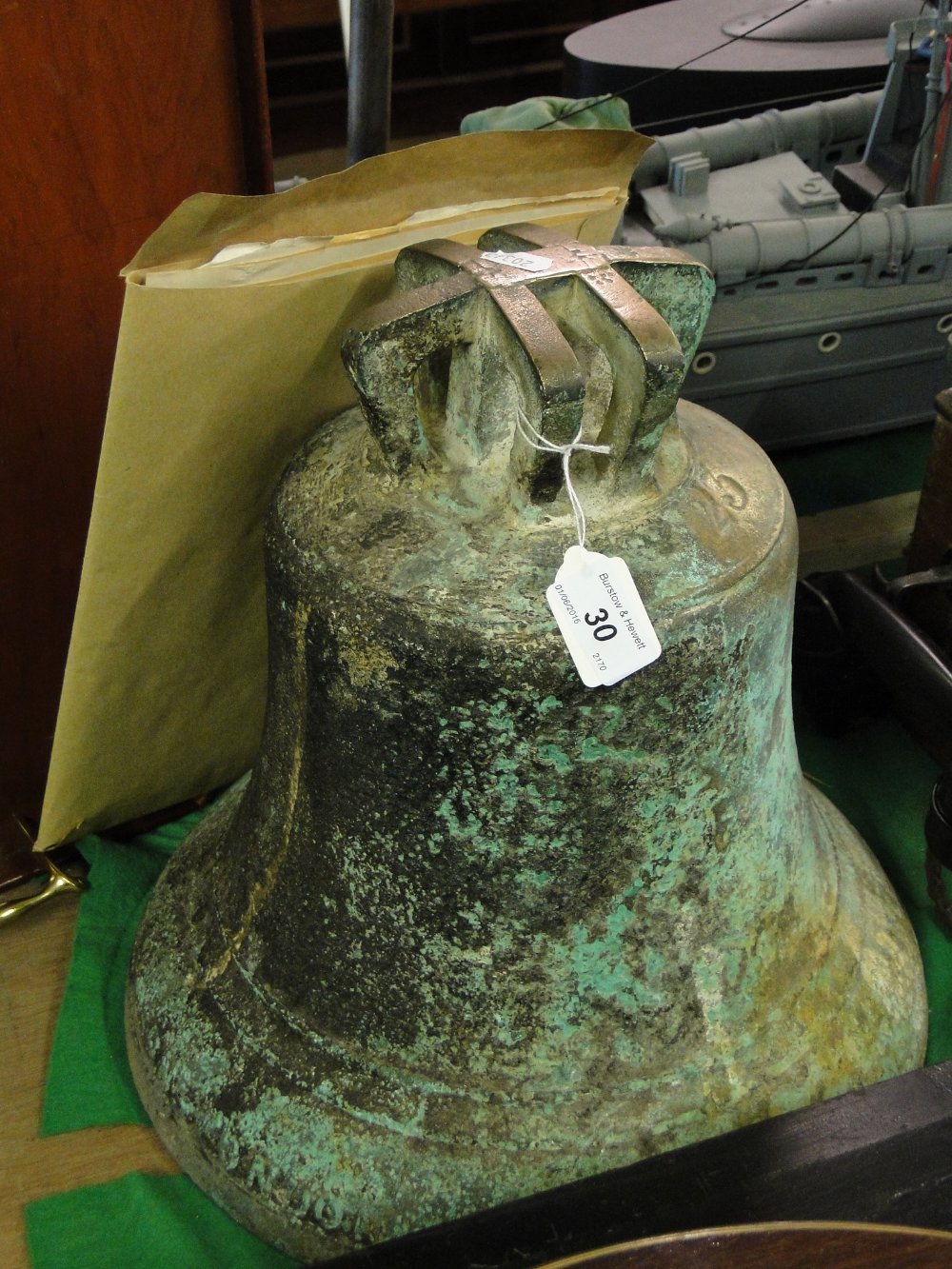 A large 19th century bronze bell, originally from Essex Street School, Mile End, London, 13" across,