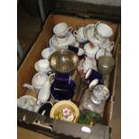 Box of various teaware, decanter, etc.