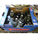 A box of Antique green, blue and brown glass ink bottles, etc.