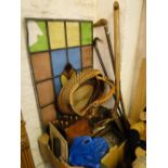 Stained glass panel, walking sticks, wicker basket, various tools, etc.