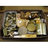 Box containing military buttons, compacts, corkscrews, etc.