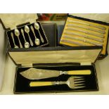 Cased set of 6 silver handled tea knives, and 5 other cased sets of cutlery and a cased serving set,