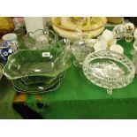 A Wedgwood green leaf Majolica comport, 2 other Majolica dishes, Chippendale glass 2-handled dish,