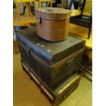 A Vintage tin hat box, trunk and a travelling case.