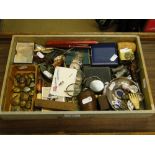 Box of various items including an Antique brass padlock, corkscrew, military buttons, etc.