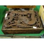 A Chinese early 20th century carved wood box with a 3 dimensional dragon decorated lid, length 12".