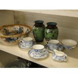 Pair of green ground Cloisonne vases, a Victorian bowl and teaware.