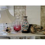 A Cloisonne vase on stand, Art Glass vase, table lamp, Belgian tapestries.