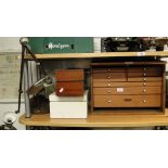 An engineer's tool chest and contents, a Vintage mahogany cased test meter,