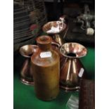 A graduated set of 3 copper measures, largest 1/2 pint and an Antique Stoneware ginger beer bottle,