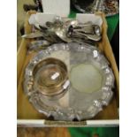 A silver plate on copper wine coaster, silver plated salver and Old English plated cutlery, etc.