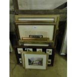 Gilt framed coloured prints, architectural studies, framed papyrus, etc.