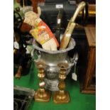 A painted metal wine cooler, pair of Victorian brass candlesticks, bayonet, etc.