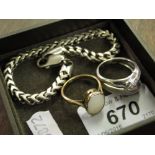 A 9ct white gold and a 9ct gold stone set ring and a silver open link bracelet.