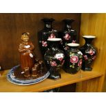 2 pairs of Blythe black ground vases and another, a monk decanter set, etc.