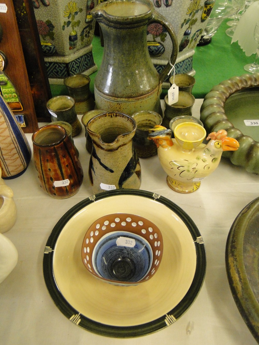 Various Studio pottery, including a Richard Wilson hen, height 5", a Campden pottery vase,