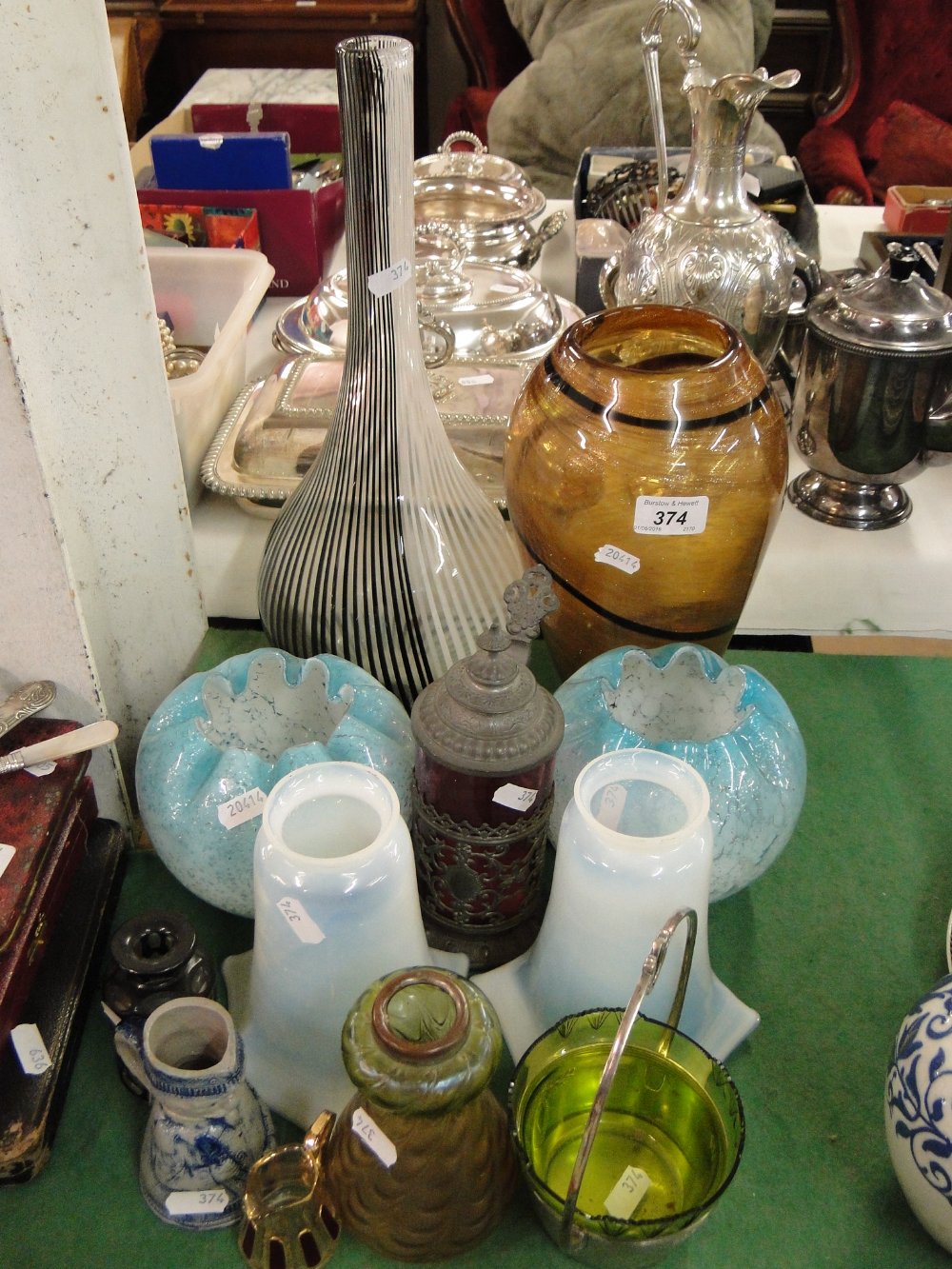 Pair of Vaseline glass shades, Art Glass bowls, a Loetz style vase, etc.