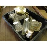 2 silver napkin rings, silver gilt tot, scent bottle and toilet jar,