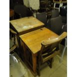 2 Vintage childs school desks and a sunday school chair.