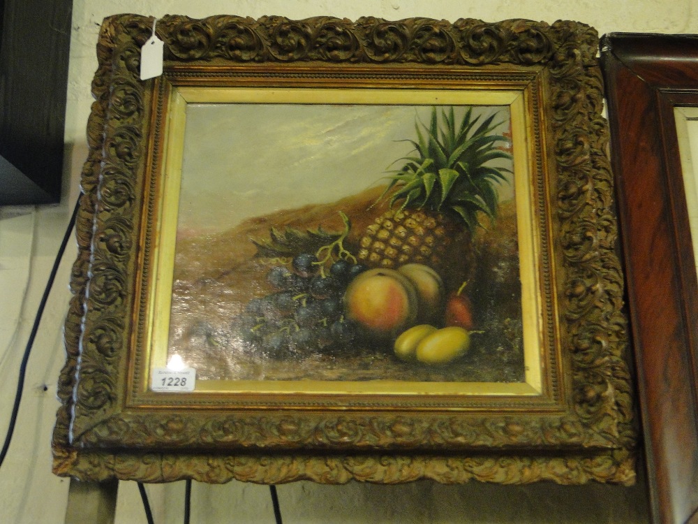 19th century oil on canvas, still life study fruit on a mossy bank,