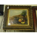 19th century oil on canvas, still life study fruit on a mossy bank,