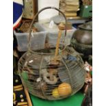 Wire basket containing bowls/bar skittles, pulley etc.