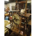 A swing toilet mirror, hanging shelf, occasional tables and a pair of upholstered chairs, (7).