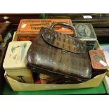 A collection of Vintage tins including one in the form of a crocodile skin handbag.