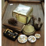 Box containing a glass panelled vitrine box, a brass golf ball cleaning box, snuff box,