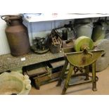 4 iron weights, cast-iron cart brake, milk churn, scales, etc.