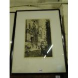 Axel Haig, etching, outside the Cathedral Barcelona,