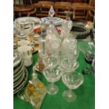 Pair of glass candlesticks, decanter and stopper, glass light shades, cruet set, etc.