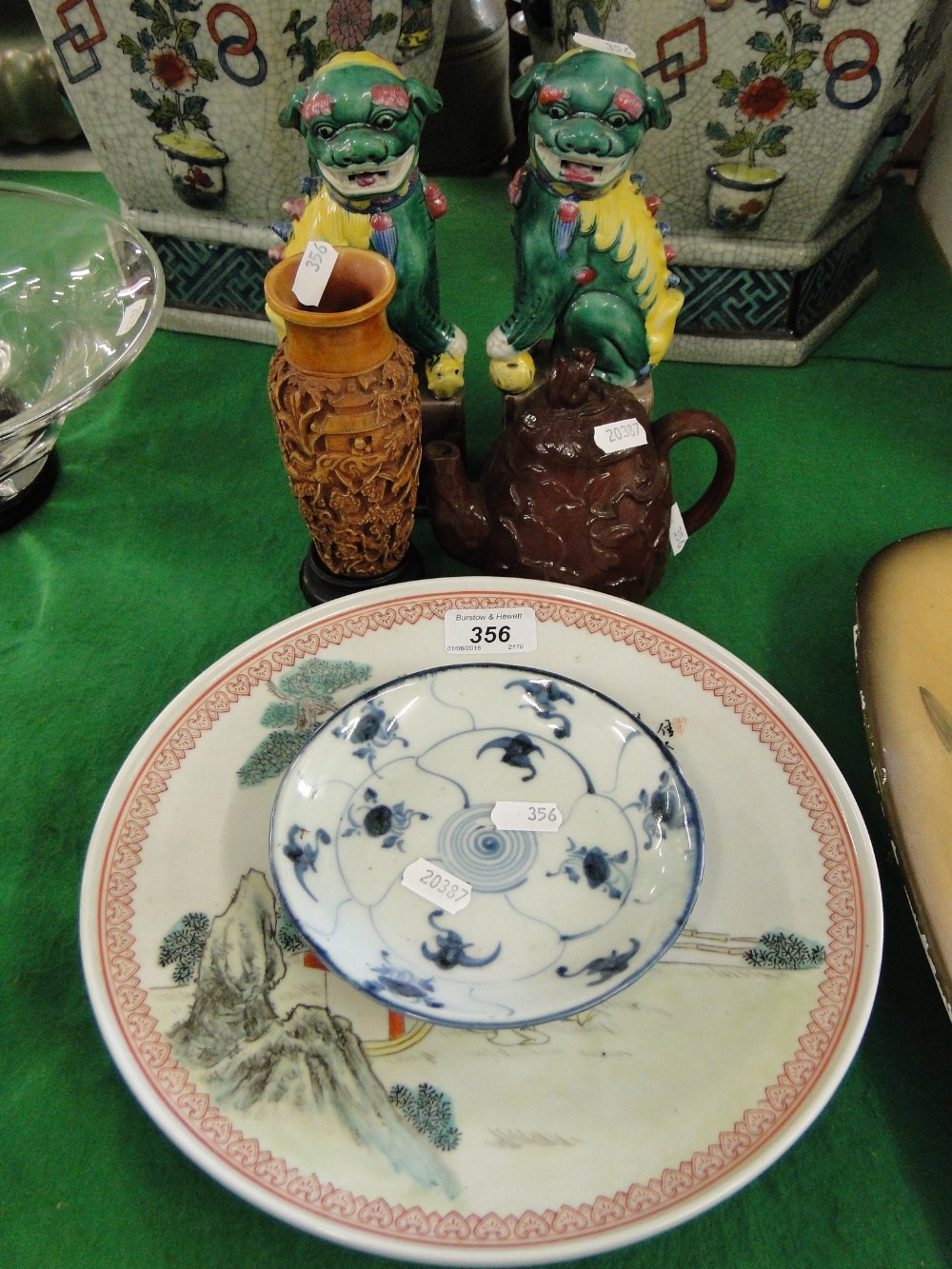 Pair of Oriental design Kylins, Chinese teapot, plate, etc.