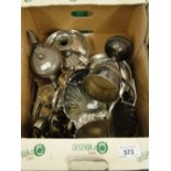 A silver plated egg cruet, chamber stick, trophy, etc.