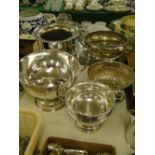 3 large silver plated 2-handled trophies, and 2 plated rose bowl/trophies, (5).