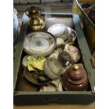 Brass oil lamp, pewter lidded jug, china, etc.