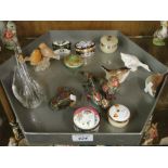 A Crummles enamel box, Russian birds, glass swan, Nepalese hardstone birds, etc.