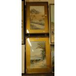 Pair of watercolours, Continental river scenes, indistinctly signed,