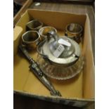 4 metal and cabochon inset napkin rings, a pewter inkwell and a paperknife.