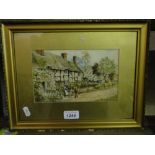 M South, watercolour, old cottages, Welford on Moor, Glos, framed.