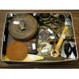 A box containing a leather surveyor's tape, paperweights, corkscrews, etc.