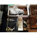 A leather jewel box, costume jewellery and 3 other boxes of costume jewellery, wristwatches.