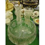 A large crystal fruit bowl and 2 cut-glass vases.