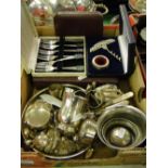 A box with cased cutlery, plated dishes, napkin rings, tots, etc.