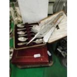 A cased set of 6 silver teaspoons, a cased set of plated side knives by Walker & Hall,