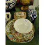 A Chinese Imari decorated dish, 2 other Chinese dishes with enamel decoration, ginger jar,