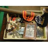 Tray containing RAF memorabilia, badges, Masonic sash, etc.