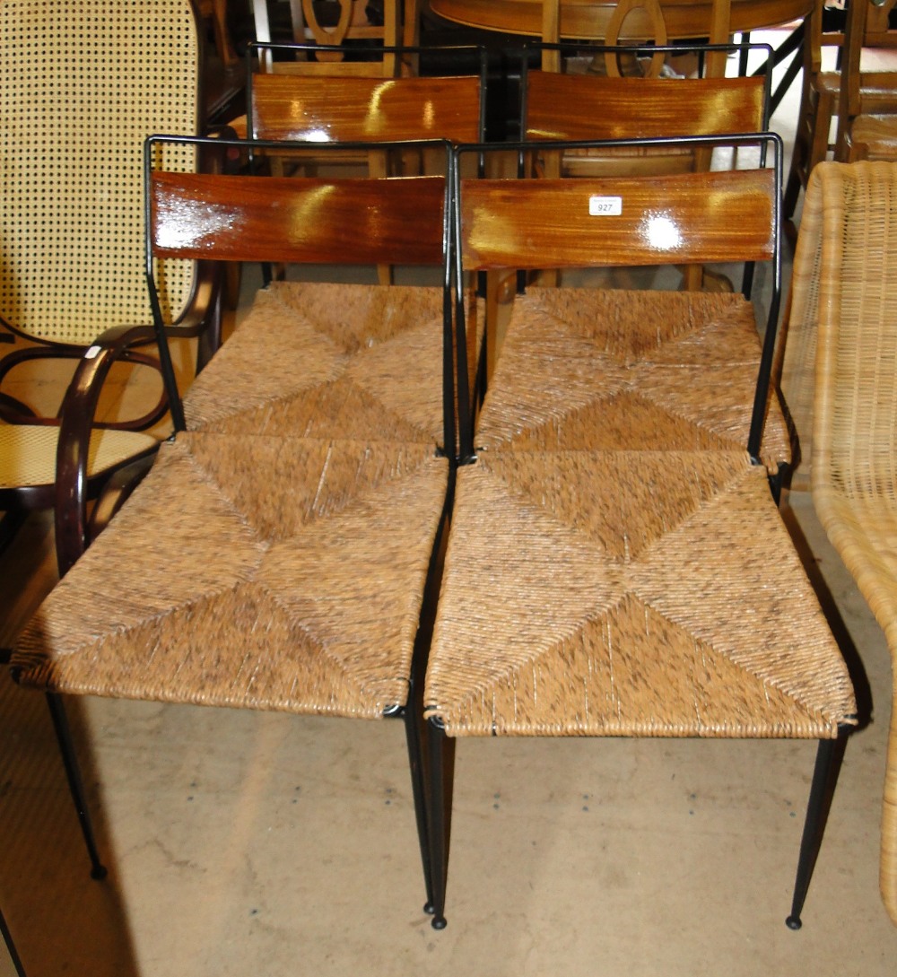 Set of 4 1960s Italian iron & rush seat dining chairs in the manner of Gio Ponti