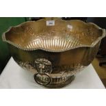 Large silver plate on copper punch bowl with lion mask ring handles